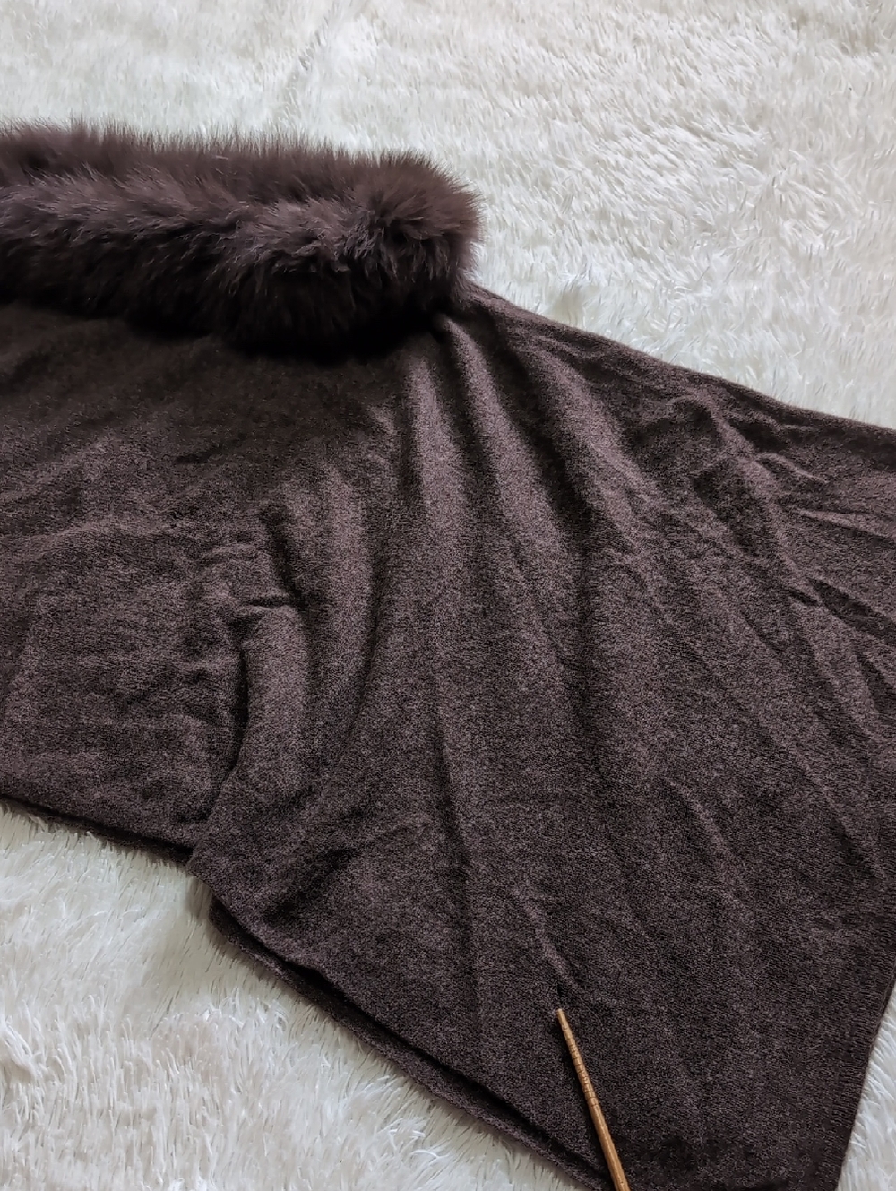 Alashan 100% Cashmere Fox Trim Brown Poncho Topper Lightweight Sweater - Picture 9 of 12